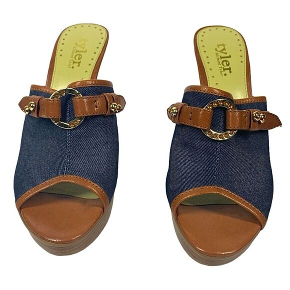 Platform Heels Size 9M | Blue Denim & Tan Slip-On | 5.5” Heel - Picture 3 of 11